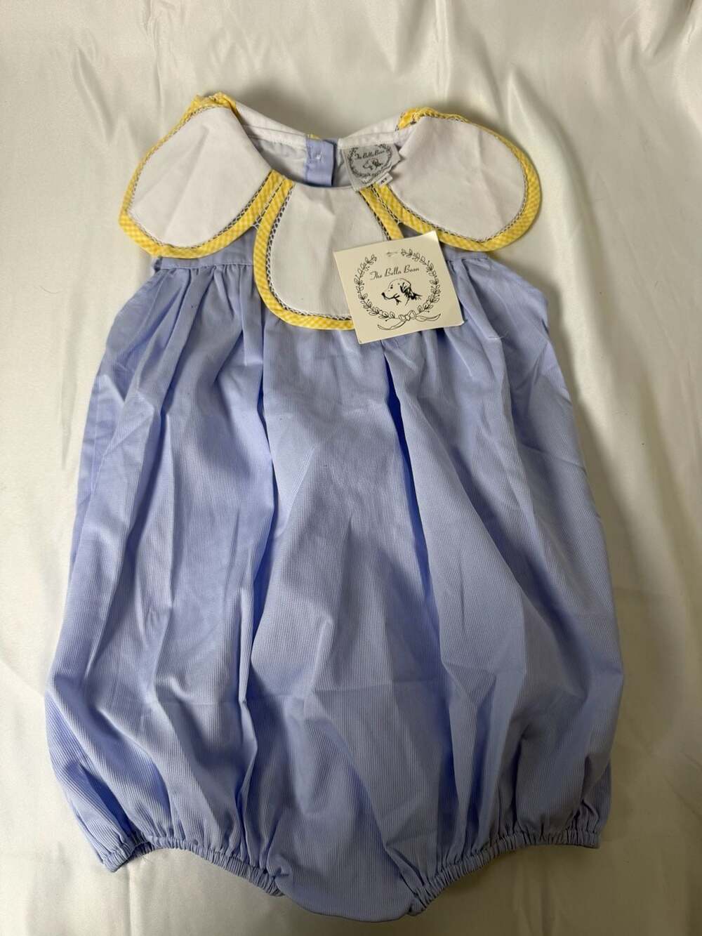 The Bella Bean Girls Blue Seersucker Bubble with Yellow Gingham Scalloped Collar
